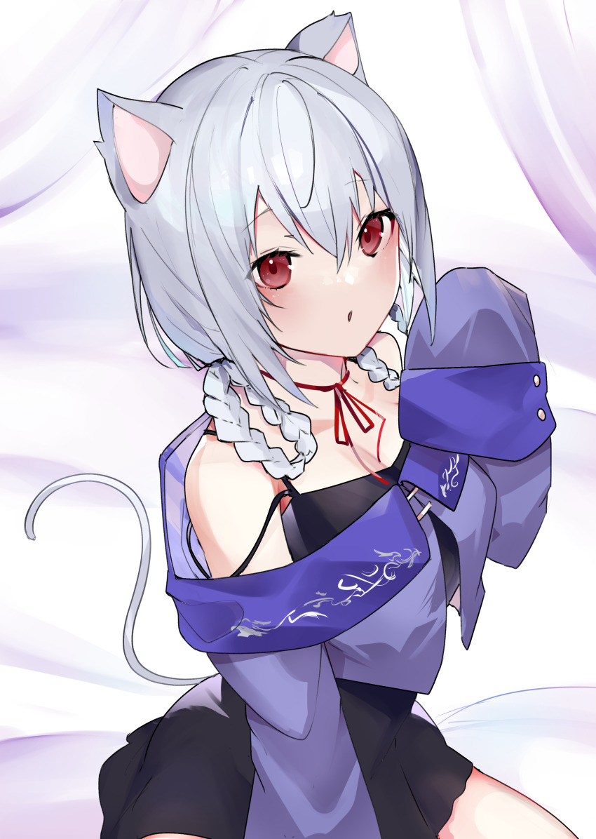 1girl, absurdres, animal_ears, bare_shoulders, bed_sheet, black_dress, braid, braided_hair_rings