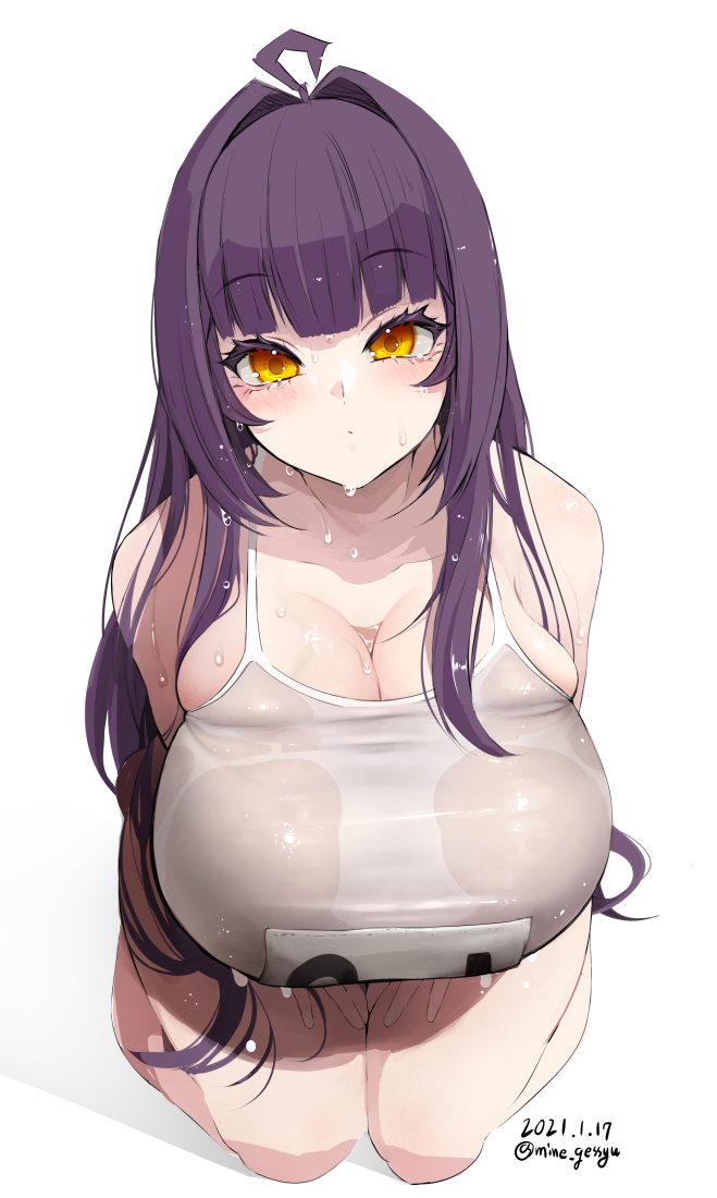 1girl, ahoge, blunt_bangs, blush, breast_hold, breasts, cleavage, closed_mouth, collarbone, dated, highleg, highleg_one-piece_swimsuit, huge_breasts, long_hair, looking_at_viewer, mine_(wizard), name_tag, one-piece_swimsuit, original, purple_hair, school_swimsuit, seiza, simple_background, sitting, skindentation, solo, swimsuit, twitter_username, undersized_clothes, wet, wet_clothes, wet_swimsuit, white_background, white_one-piece_swimsuit, yellow_eyes