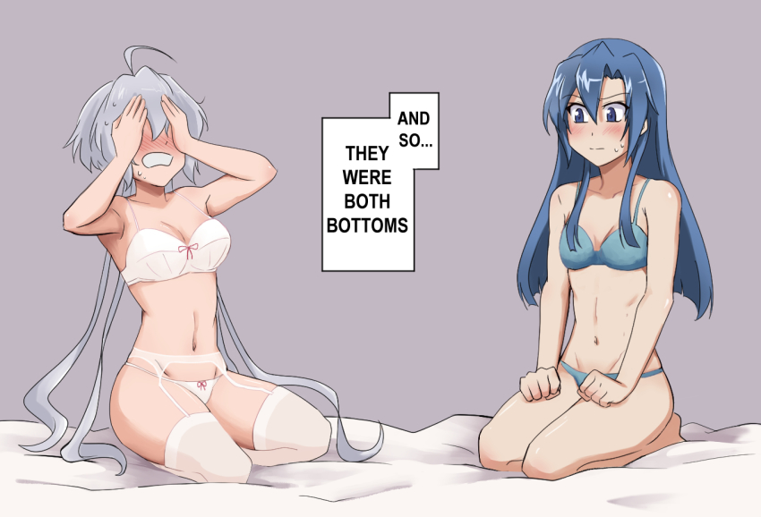 2girls, and_so_they_were_both_bottoms_(meme), bed, blue_bra, blue_panties, blush, bra, covering_face