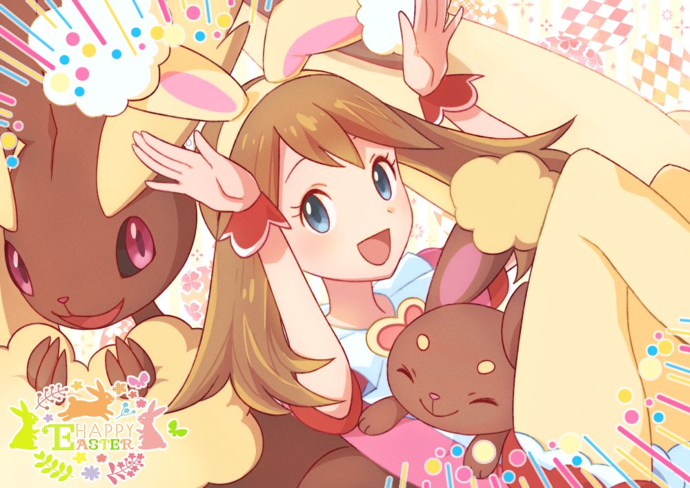 1girl, :d, animal_ears, brown_hair, buneary, commentary_request, easter, emphasis_lines