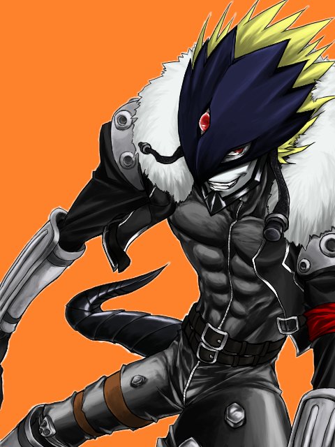 00s, 1boy, beelzebumon, demon, digimon, digimon_(creature), digimon_tamers, leather, male_focus, monster, red_eyes, seven_great_demon_lords, smile, smirk, solo, tail, yukiji_(mogari)