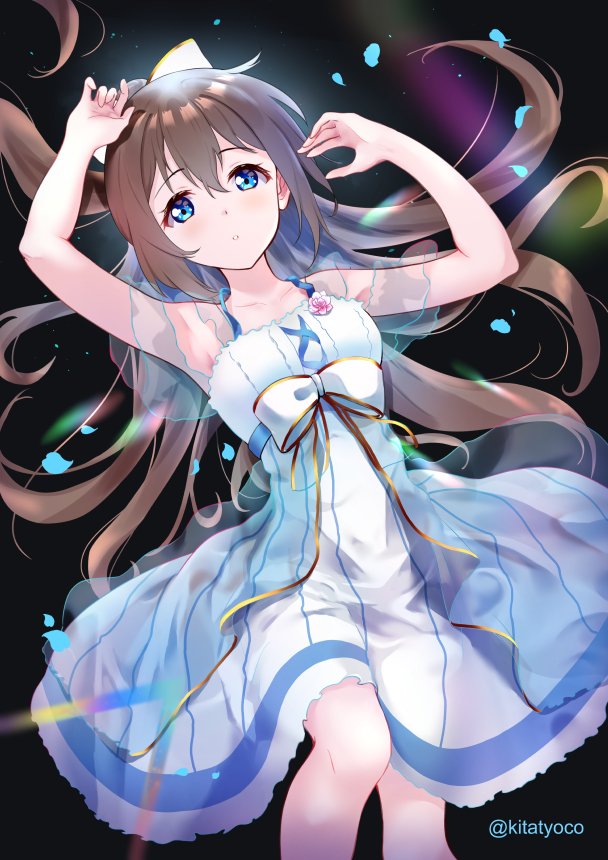 1girl, anata_no_risou_no_heroine, aqua_bow, aqua_eyes, aqua_petals, arm_garter, arm_ribbon, artist_name