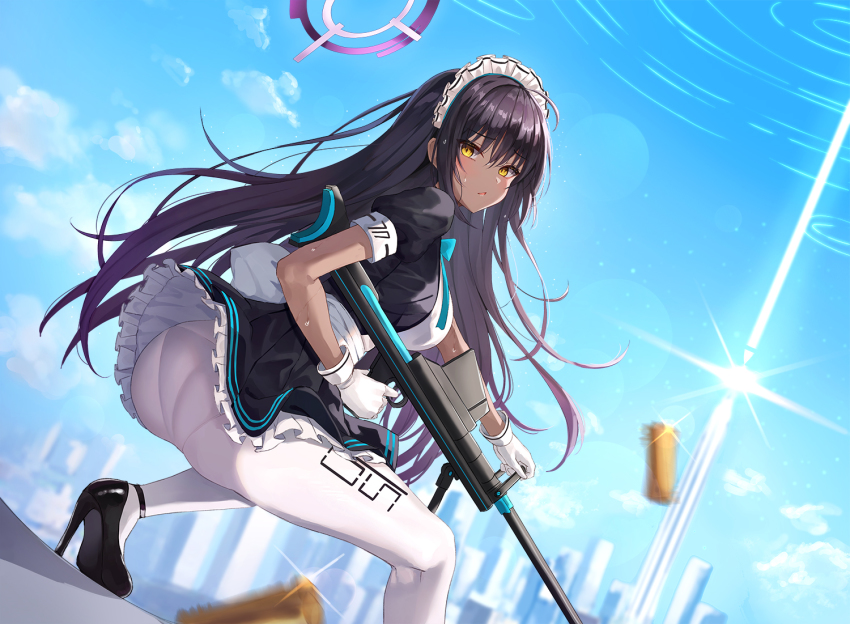 .55_boys, 1girl, ammunition, anti-materiel_cartridge, anti-materiel_rifle, anti-tank_cartridge, apron, aqua_ribbon, ass, black_shoes, blue_archive, blue_neckwear, blue_sky, boys_anti-tank_rifle, breasts, cityscape, clothes_lift, dark-skinned_female, dark_skin, dutch_angle, gloves, gun, halo, high_heels, karin_(blue_archive), large_breasts, legs, lkeris, maid, maid_headdress, mary_janes, pantyhose, pantylines, puffy_short_sleeves, puffy_sleeves, ribbon, rifle, rifle_cartridge, ring_of_light_(blue_archive), shell_casing, shoes, short_sleeves, skirt, skirt_lift, sky, sniper_rifle, squatting, weapon, white_apron, white_gloves, white_pantyhose, yellow_eyes