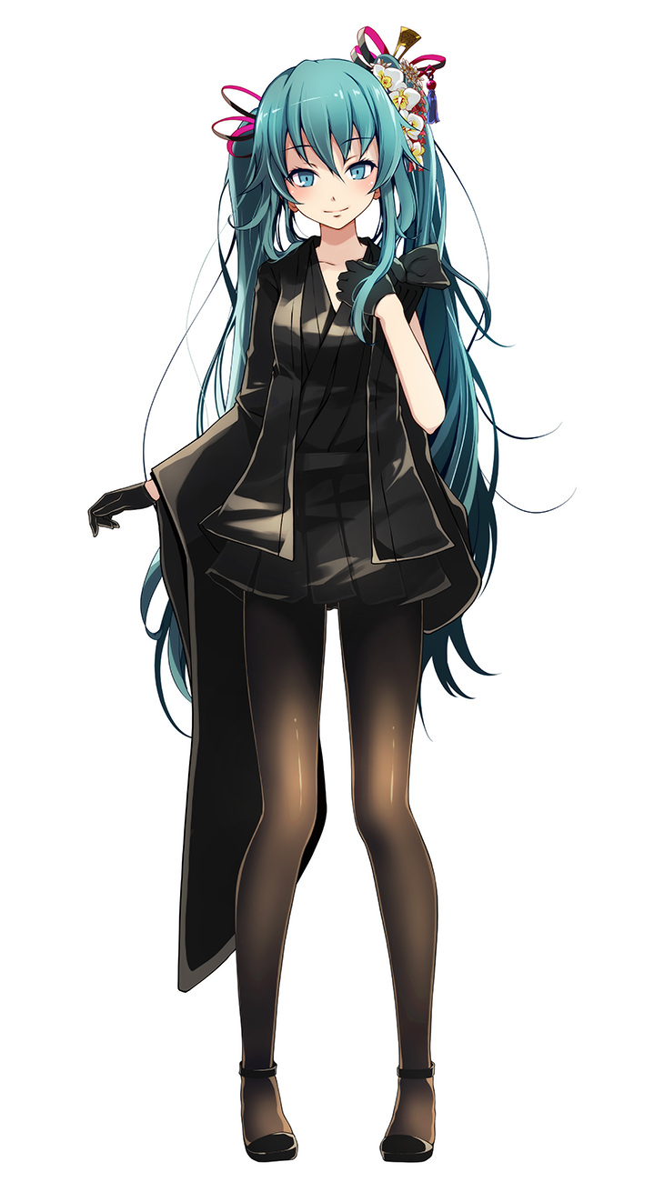 1girl, asymmetrical_sleeves, black_gloves, black_kimono, black_pantyhose, blue_eyes, blue_hair, blush