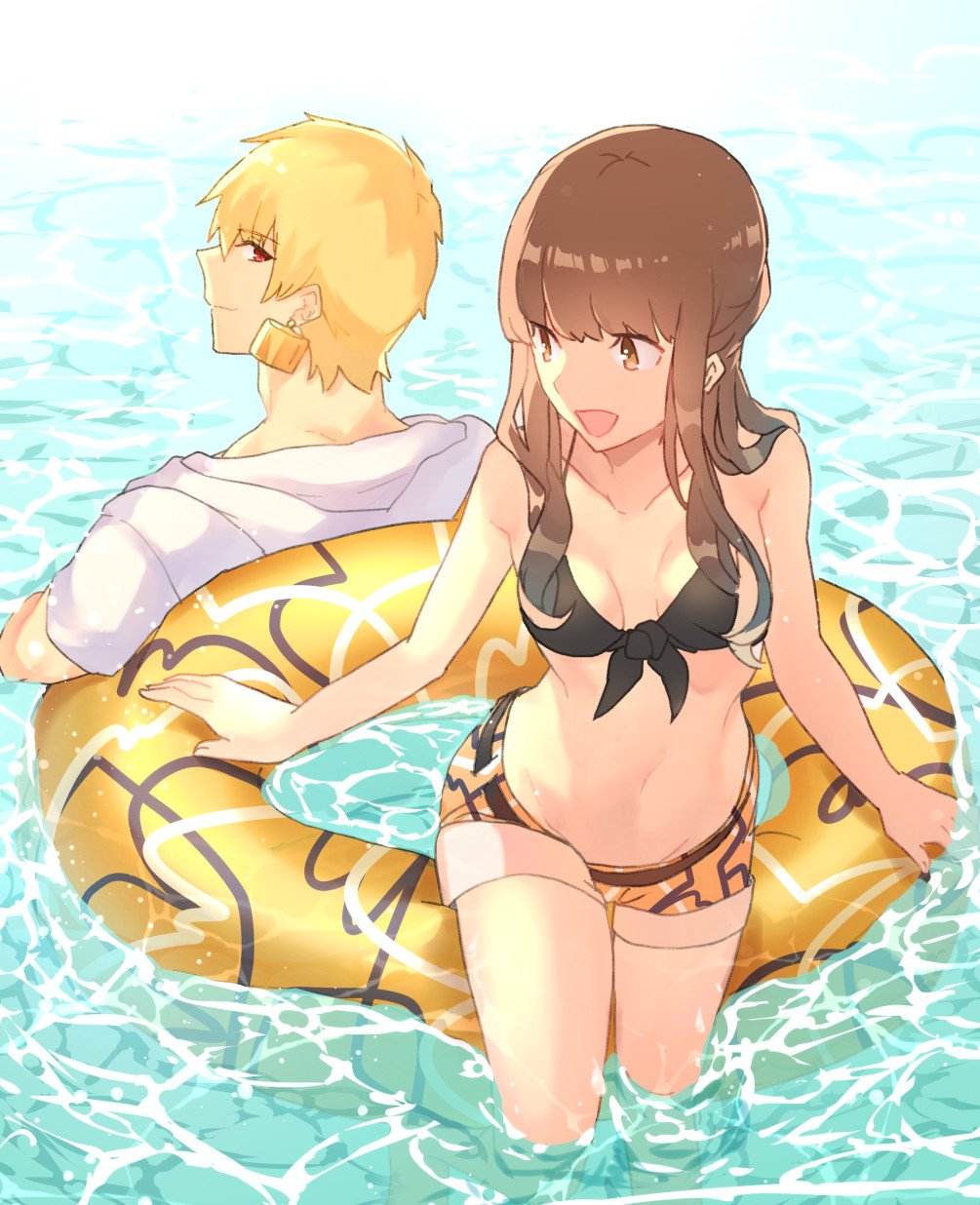 1boy, 1girl, aoten_(aoiroarekore), bikini, bikini_top_only, black_bikini, blonde_hair, brown_eyes