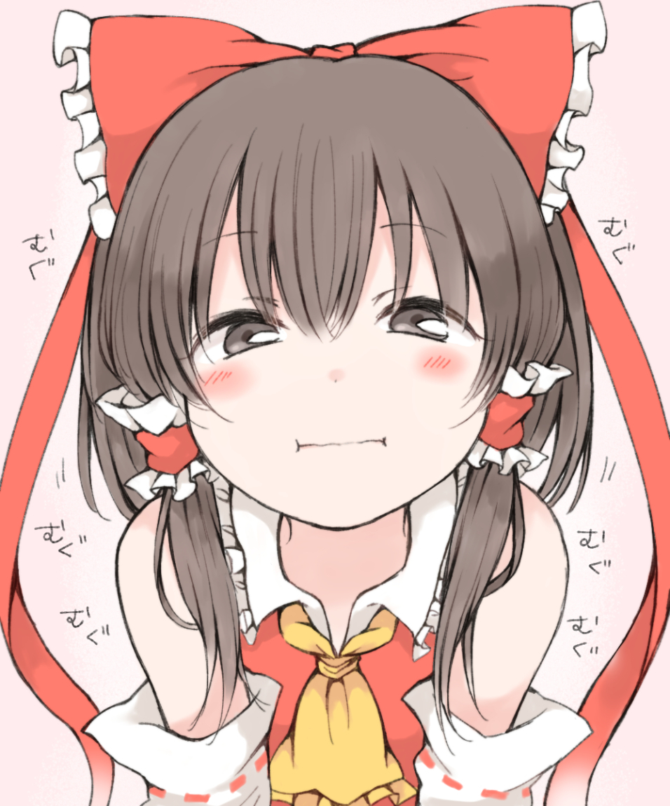 1girl, bare_shoulders, blush, brown_hair, closed_mouth, gradient_background, hair_between_eyes, hakurei_reimu