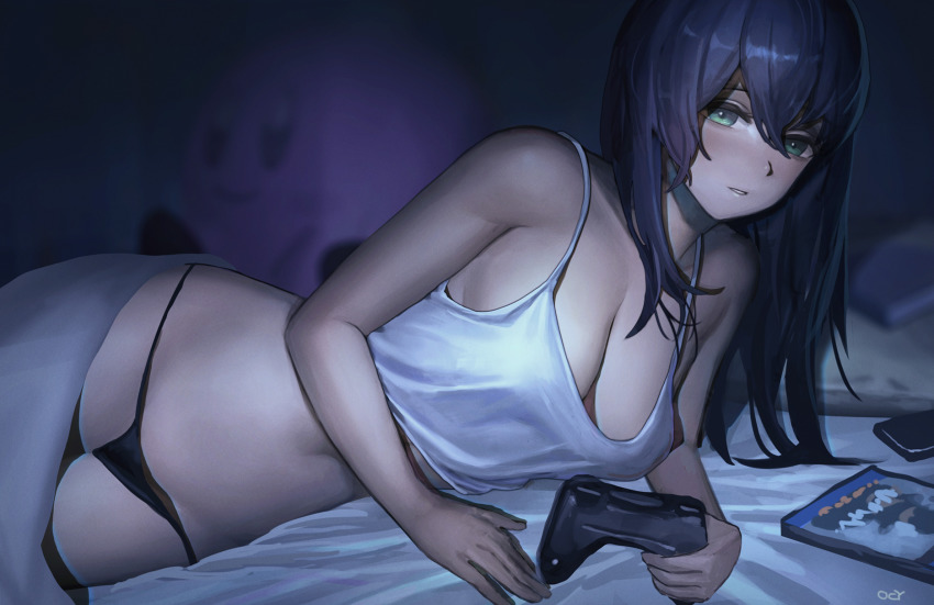1girl, bed, black_hair, black_panties, blurry, blurry_background, breasts, camisole, character_doll, cleavage, controller, doll, game_controller, green_eyes, hair_between_eyes, highres, kirby, kirby_(series), large_breasts, long_hair, looking_at_viewer, lying, nintendo, no_pants, on_bed, on_side, original, panties, pov_across_bed, reido_(reido_c), solo, underwear, underwear_only