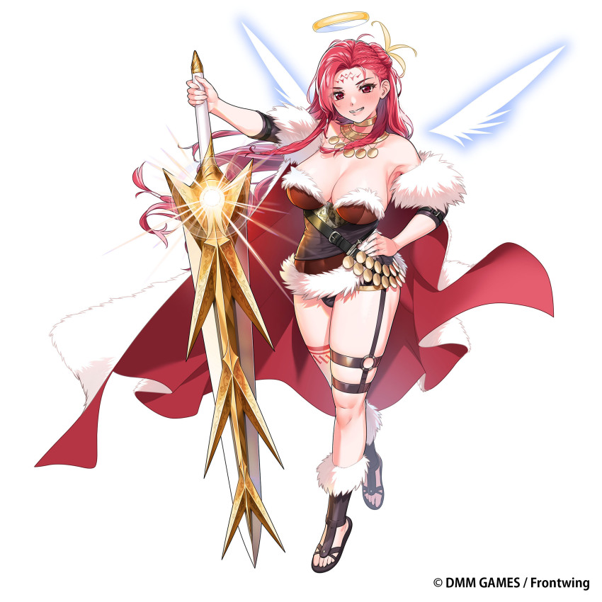 absurdres, angel_wings, brown_sandals, cape, commentary_request, copyright_name, dennou_tenshi_djibril, forehead_tattoo, fur-trimmed_cape, fur-trimmed_sandals, fur-trimmed_swimsuit, fur_trim, grin, halo, hand_on_own_hip, highres, ogre_(illustogre), red_cape, red_eyes, red_hair, sandals, smile, solo, sword, tattoo, thigh_strap, weapon, white_background, wings