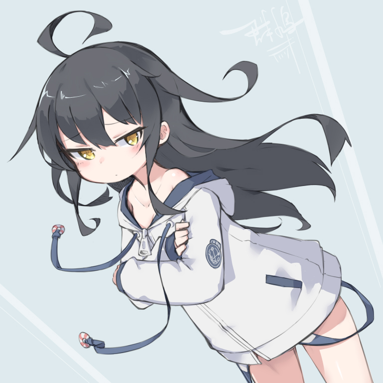 1girl, ahoge, alternate_costume, angry, black_hair, blue_one-piece_swimsuit, blush, closed_mouth