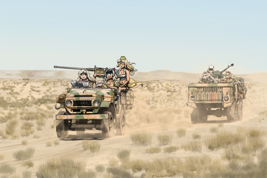 6+girls, ak-47_(girls'_frontline), all-terrain_vehicle, assault_rifle, beret, blonde_hair, blue_eyes, blue_hair