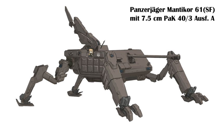 1girl, 7.5_cm_pak_40, awsaedmd, black_headwear, blonde_hair, english_text, fusion, german_text, girls'_frontline, gun, hat, highres, machine_gun, manticore_(girls'_frontline), mecha, mg34_(girls'_frontline), mg42, mg_34, military, military_hat, military_uniform, military_vehicle, motor_vehicle, multiple_girls, robot, short_hair, simple_background, tank, text_background, turretless_tank, weapon, white_background