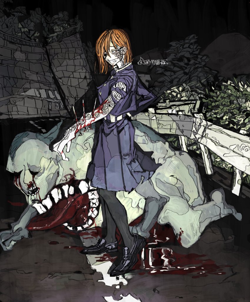 1boy, 1girl, bleeding, blood, body_markings, crazy_eyes, crazy_smile, dark, death, facial_mark, gomibaketsu3, grin, hair_behind_ear, highres, impaled, injury, jujutsu_kaisen, kechizu_(jujutsu_kaisen), kugisaki_nobara, major_injury_underreaction, nail_(hardware), orange_eyes, orange_hair, outdoors, pale_skin, pantyhose, pool_of_blood, road, school_uniform, self-harm, shirt, short_hair, smile, teeth, torn_clothes, torn_shirt