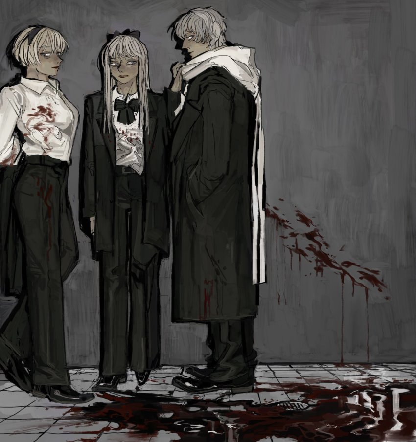 1boy, 2girls, axis_powers_hetalia, bad_id, bad_twitter_id, belarus_(hetalia), black_coat, black_footwear