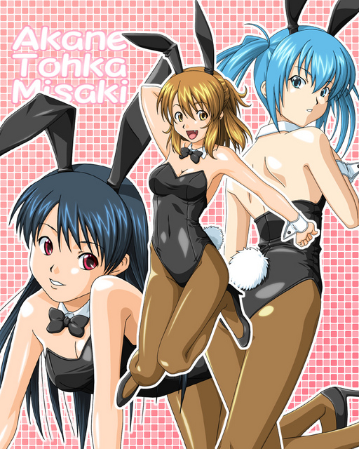3girls, akane_(fukuoka_katsumi), all_fours, animal_ears, back, black_hair, blue_eyes, blue_hair