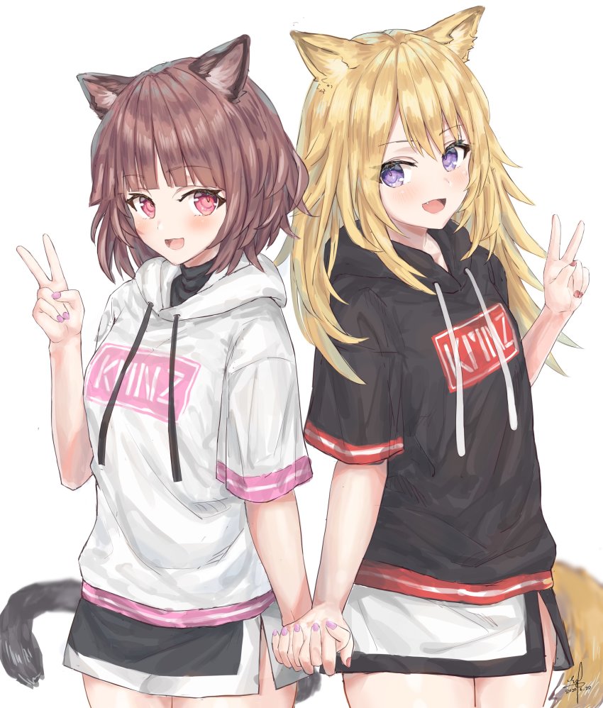 2girls, :d, absurdres, animal_ears, blonde_hair, brown_hair, cat_ears, cat_tail, dog_ears, dog_tail, fang, holding_hands, highres, hood, hood_down, hoodie, kasumi_ao_021, kmnz, long_hair, lita_(kmnz), liz_(kmnz), multiple_girls, open_mouth, purple_eyes, red_eyes, short_hair, short_sleeves, skirt, smile, tail, v, virtual_youtuber