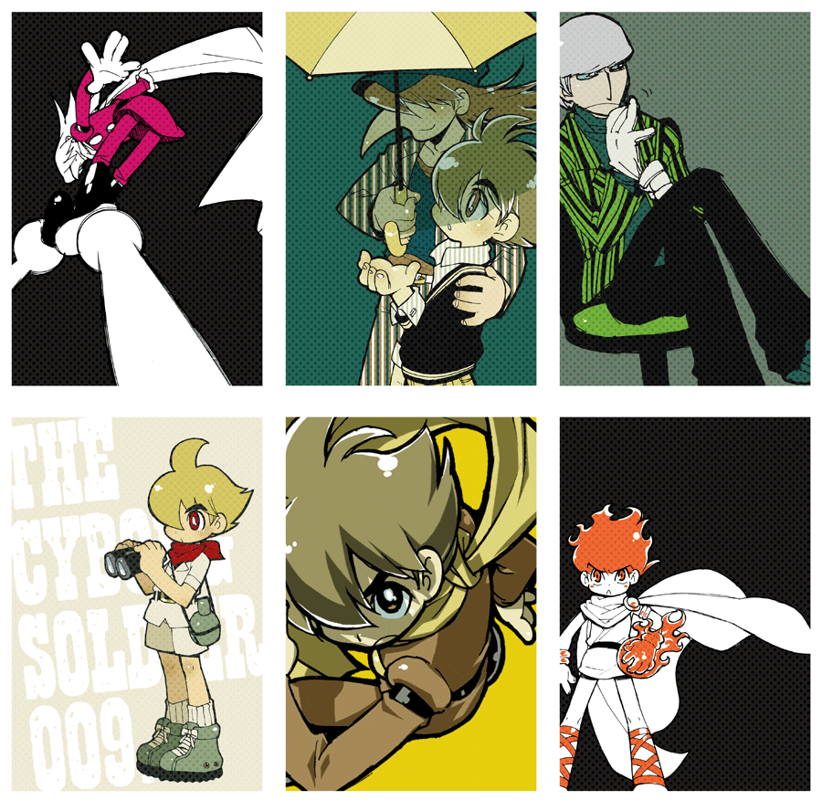 1960s_(style), 1970s_(style), 1980s_(style), 3boys, albert_heinrich, cyborg, cyborg_009, jet_link, long_nose, male_focus, multiple_boys, multiple_views, retro_artstyle, partially_colored, shimamura_joe, silver_hair, striped, umbrella, usshi