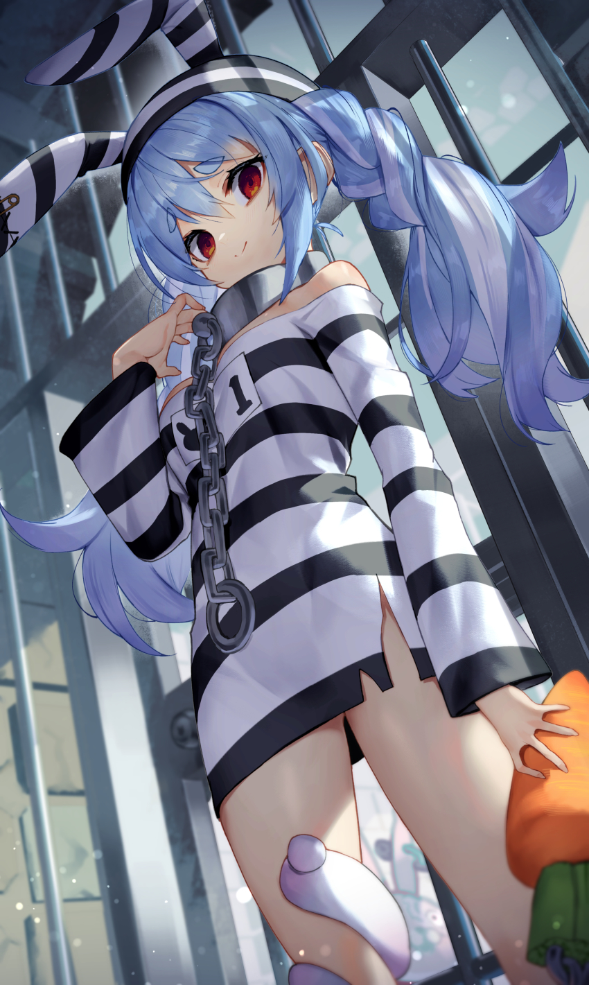 1girl, absurdres, animal_ears, bare_shoulders, blue_hair, braid, breasts, carrot