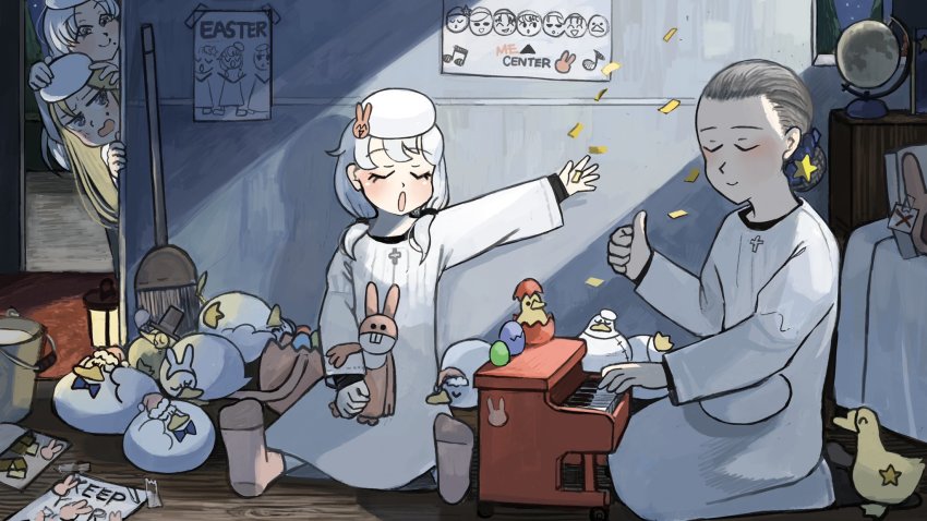 4girls, aged_down, animal_ears, animal_hood, baby_animal, bag, bed, beret