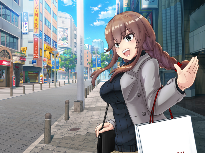 1girl, bag, black_sweater, blue_sky, braid, brown_hair, cloud, commentary_request