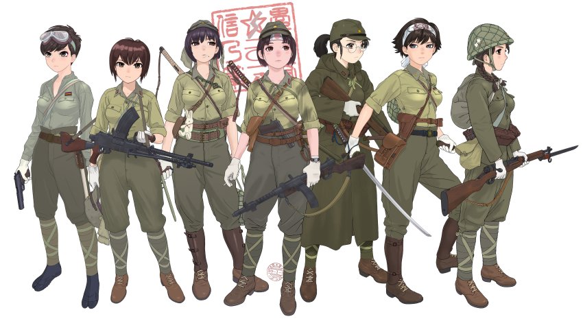 6+girls, absurdres, arisaka, bayonet, belt, black_footwear, black_hair, blue_eyes, bolt_action, boots, braid, breasts, brown_eyes, brown_footwear, brown_hair, cigarette, coat, full_body, glasses, gloves, goggles, goggles_on_head, green_coat, green_headwear, green_pants, green_shirt, gun, handgun, hat, helmet, highres, holster, imperial_japanese_army, light_machine_gun, long_hair, m1911, machine_gun, medium_breasts, multiple_girls, original, pants, pistol, ponytail, puttee, rifle, round_eyewear, shirt, shoes, short_hair, simple_background, sino_(mechanized_gallery), submachine_gun, sword, twin_braids, type_100_smg, type_96_light_machine_gun, watch, weapon, white_background, white_gloves, world_war_ii, wristwatch