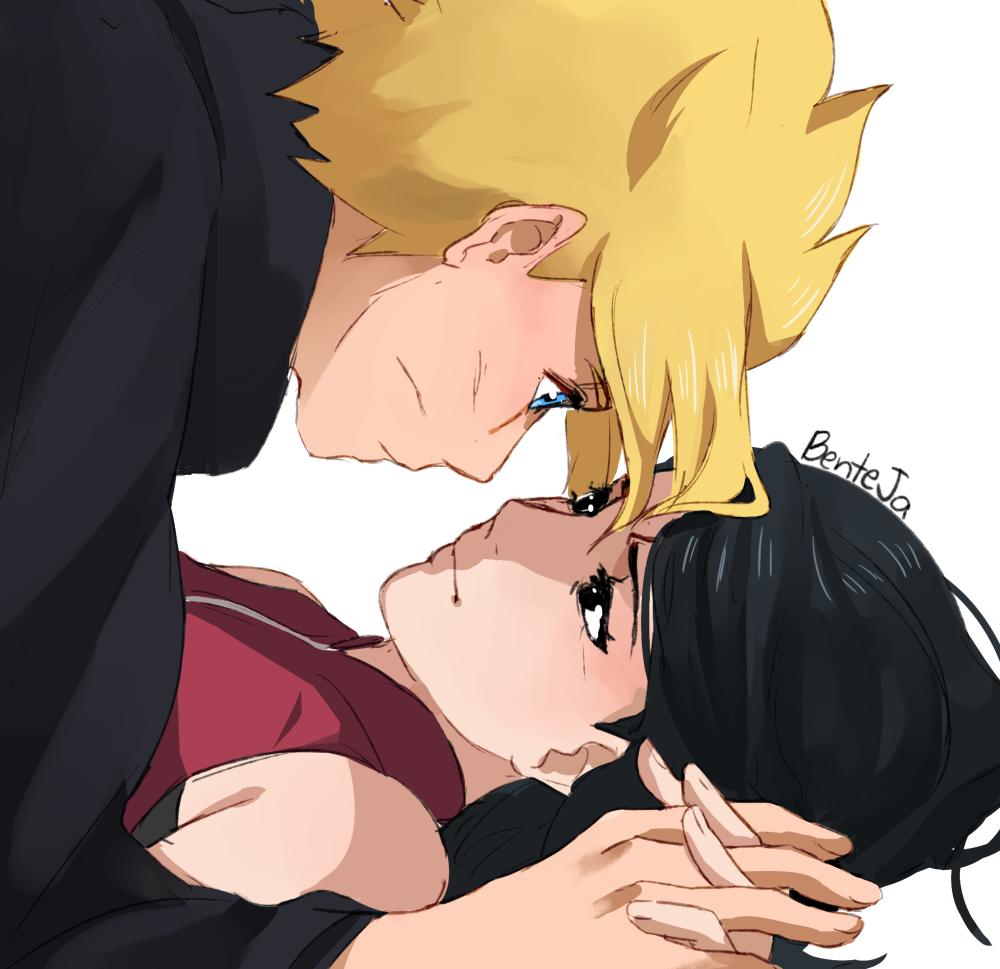 benteja, black_eyes, black_hair, blonde_hair, blue_eyes, blue_hair, boruto:_naruto_next_generations, boruto:_naruto_the_movie, facial_mark, glasses, holding_hands, naruto_(classic), naruto_(series), simple_background, uchiha_sarada, uzumaki_boruto, whisker_markings, whiskers, white_background
