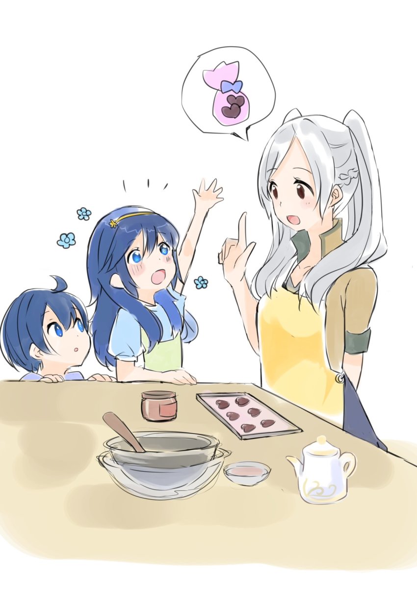 1boy, 2girls, aged_down, ahoge, alternate_costume, apron, baking_sheet, blue_eyes