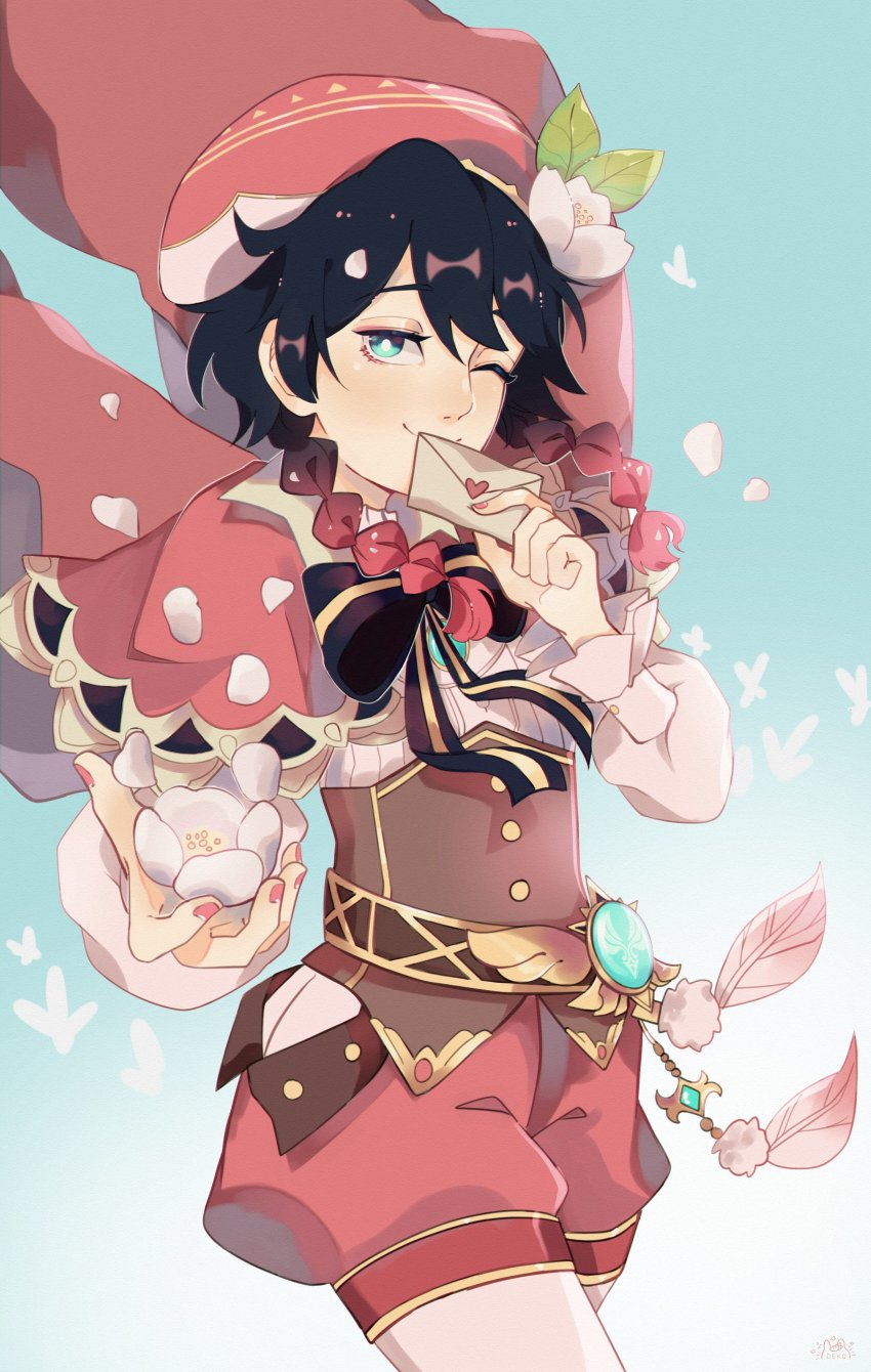 1boy, absurdres, alternate_color, alternate_hair_color, androgynous, beret, black_hair, bow