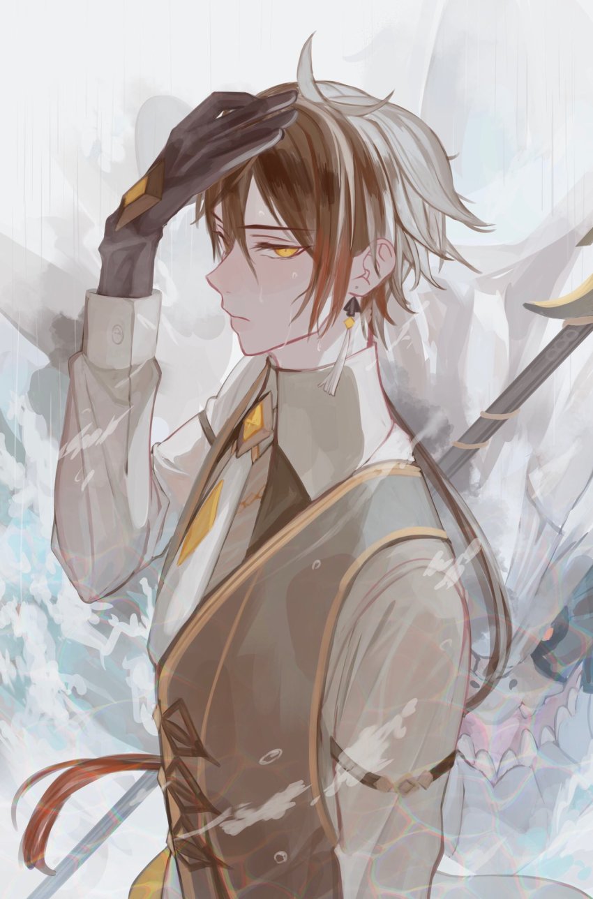 1boy, black_gloves, black_hair, brown_hair, closed_mouth, collared_shirt, commentary_request, earrings