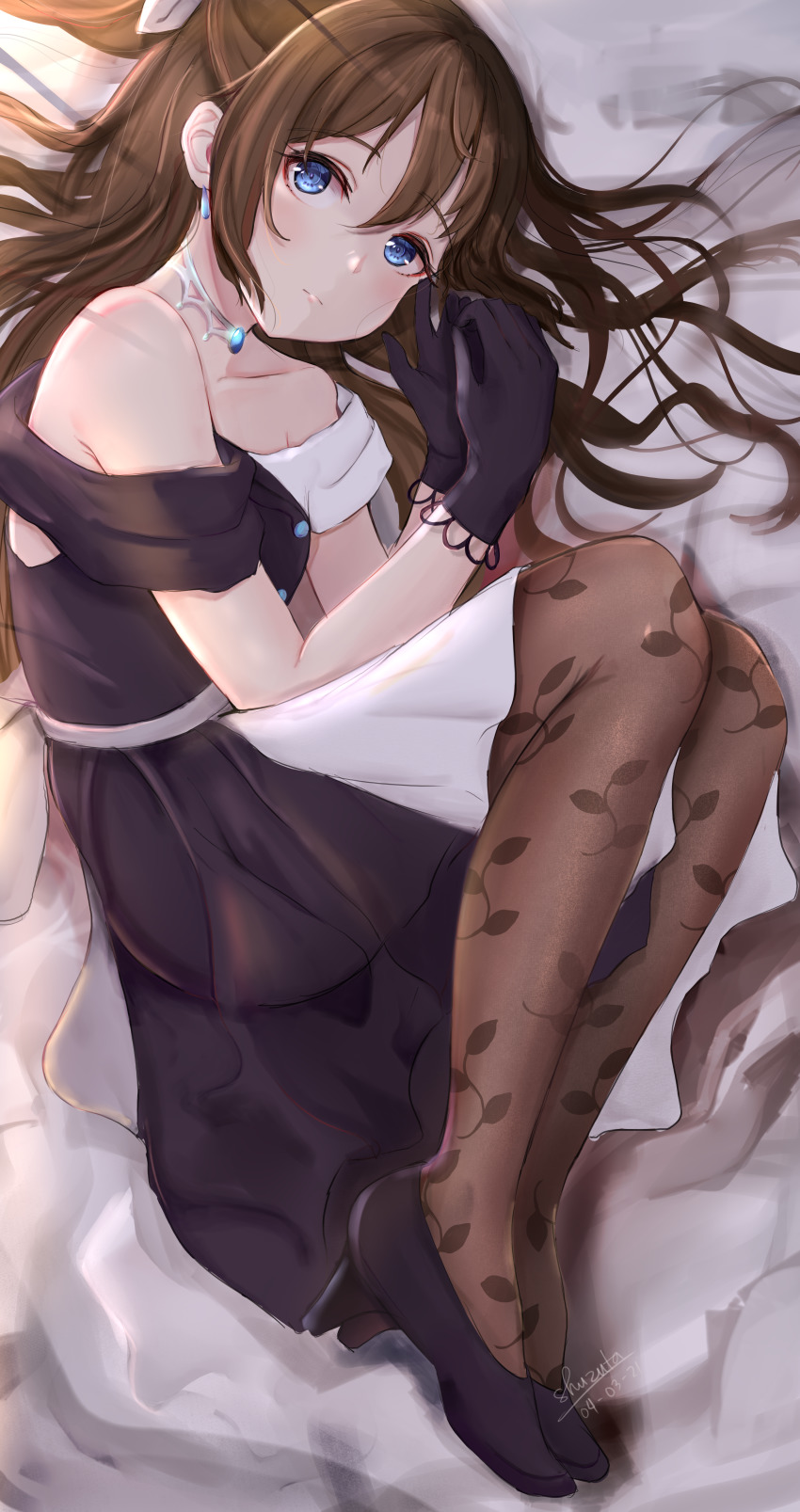 1girl, :o, absurdres, bare_shoulders, birthday, black_dress, black_gloves, black_pantyhose