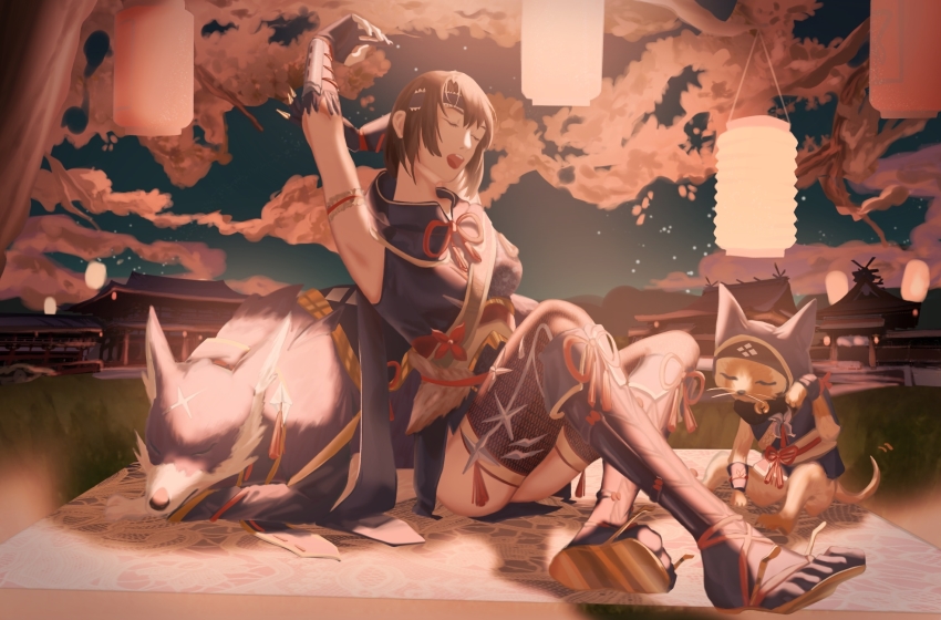 1girl, armor, breasts, canyne, cat, cherry_blossoms, closed_eyes, dog