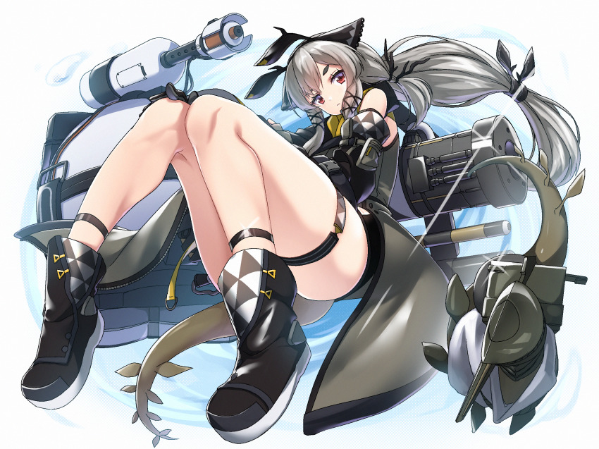 1girl, arknights, bare_legs, bare_shoulders, black_boots, black_gloves, boots, cannon