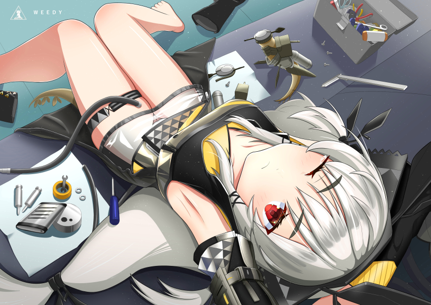 1girl, absurdres, arknights, armpits, arms_behind_head, bare_legs, bare_shoulders, black_boots