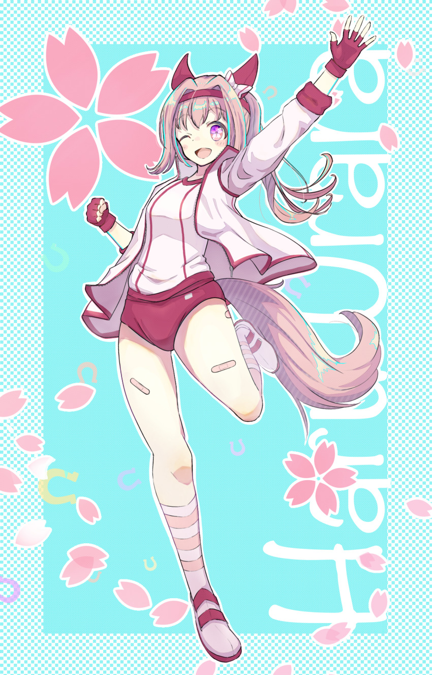 1girl, absurdres, animal_ears, arm_up, bandaid, bandaid_on_leg, bow, buruma