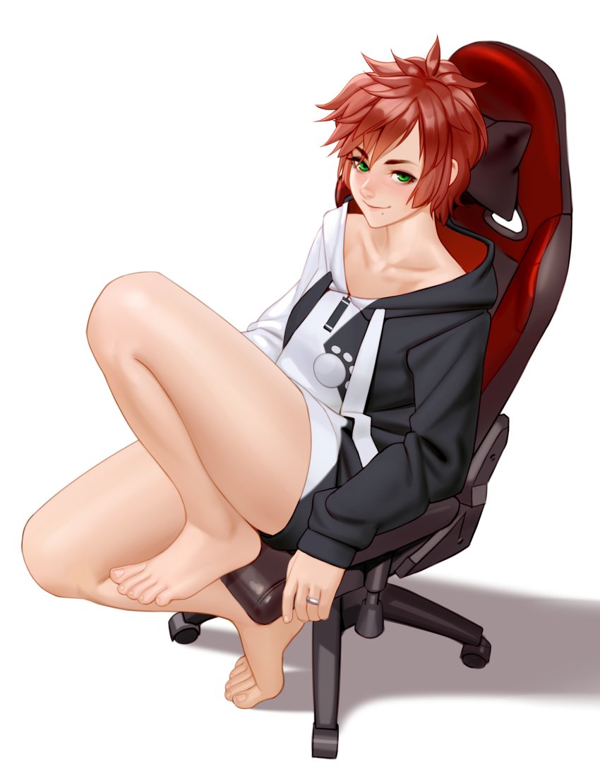 1girl, absurdres, barefoot, chair, commentary, cosplay, feet, gaming_chair, green_eyes, highres, hololive, jewelry, kairunoburogu, legs, looking_at_viewer, looking_up, ookami_mio, ookami_mio_(hoodie), ookami_mio_(cosplay), original, red_hair, ring, shadow, short_hair, simple_background, sitting, smile, solo, swivel_chair, thighs, toes, virtual_youtuber, white_background