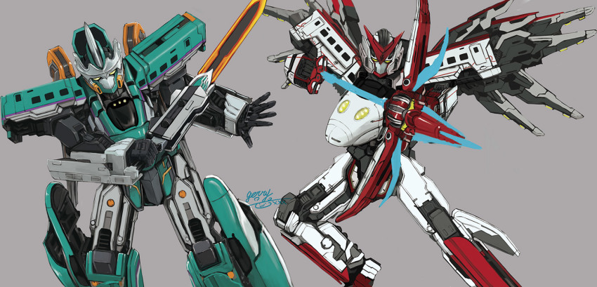 800_tsubame_(shinkalion), bow_(weapon), geri_kumaarashi, grey_background, h5_hayabusa_(shinkalion), holding, holding_bow_(weapon), holding_sword