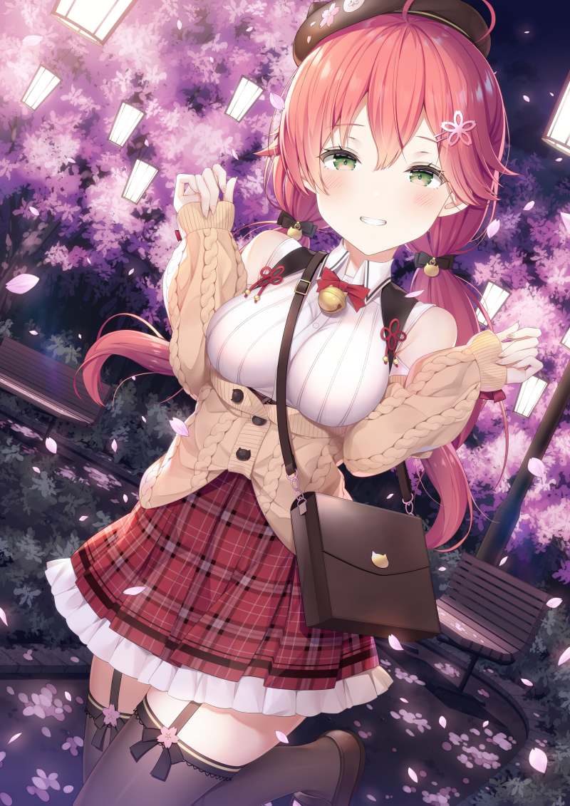 1girl, ahoge, bag, bare_shoulders, bell, bench, beret, black_bow