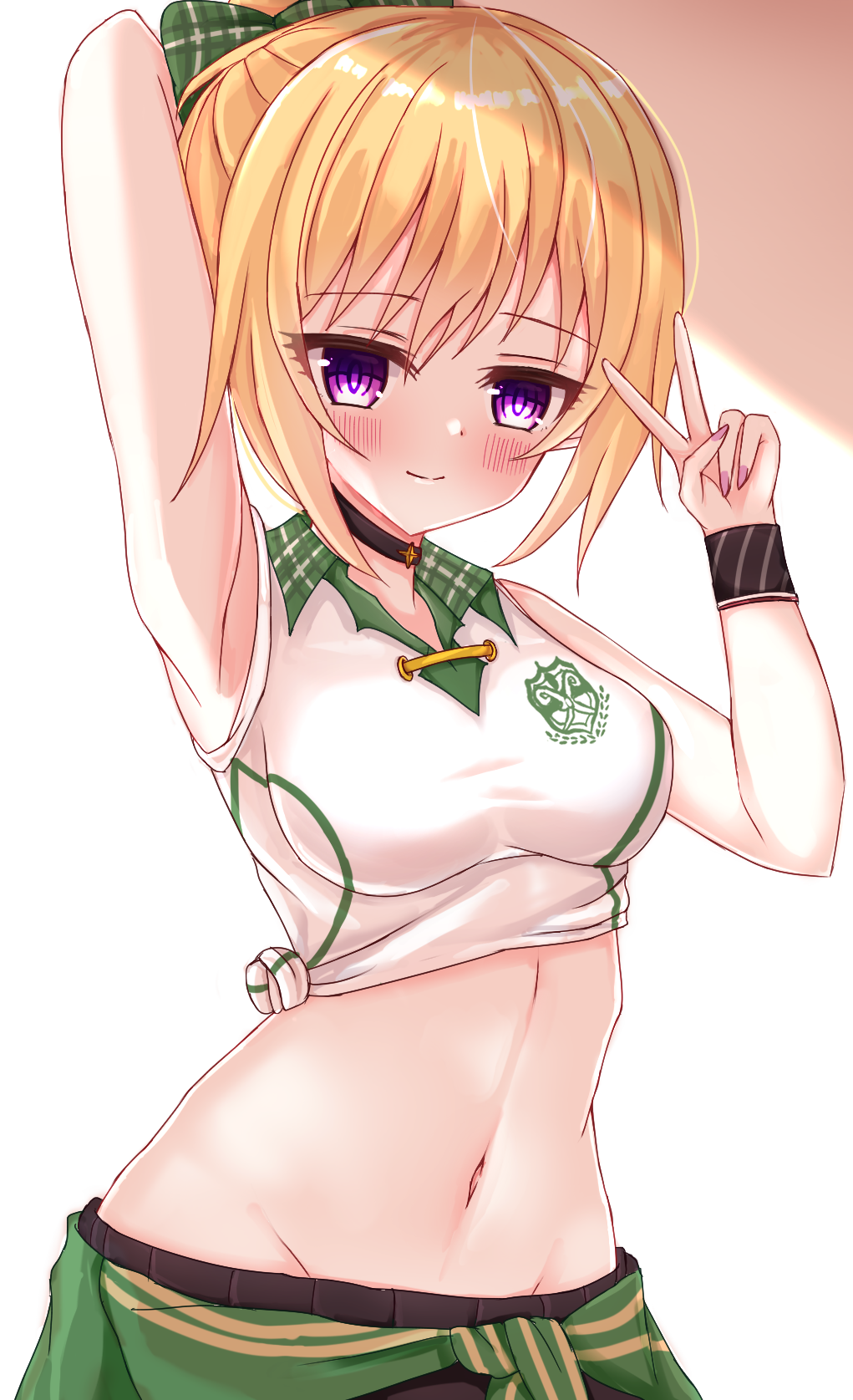 1girl, arm_behind_head, arm_up, armpits, bare_shoulders, black_choker, black_shorts, blonde_hair, blush, bow, breasts, chloe_(princess_connect!), chloe_(school_festival)_(princess_connect!), choker, closed_mouth, clothes_around_waist, collared_shirt, commentary_request, cowboy_shot, green_bow, green_jacket, groin, gym_uniform, hair_between_eyes, hair_bow, high_ponytail, highres, imono_y, jacket, jacket_around_waist, long_hair, looking_at_viewer, medium_breasts, midriff, navel, official_alternate_costume, plaid_bow, plaid_clothes, plaid_collar, pointy_ears, ponytail, princess_connect!, purple_eyes, shirt, shorts, sidelocks, sleeves_rolled_up, smile, solo, standing, taut_clothes, taut_shirt, tied_shirt, v, white_shirt, wristband