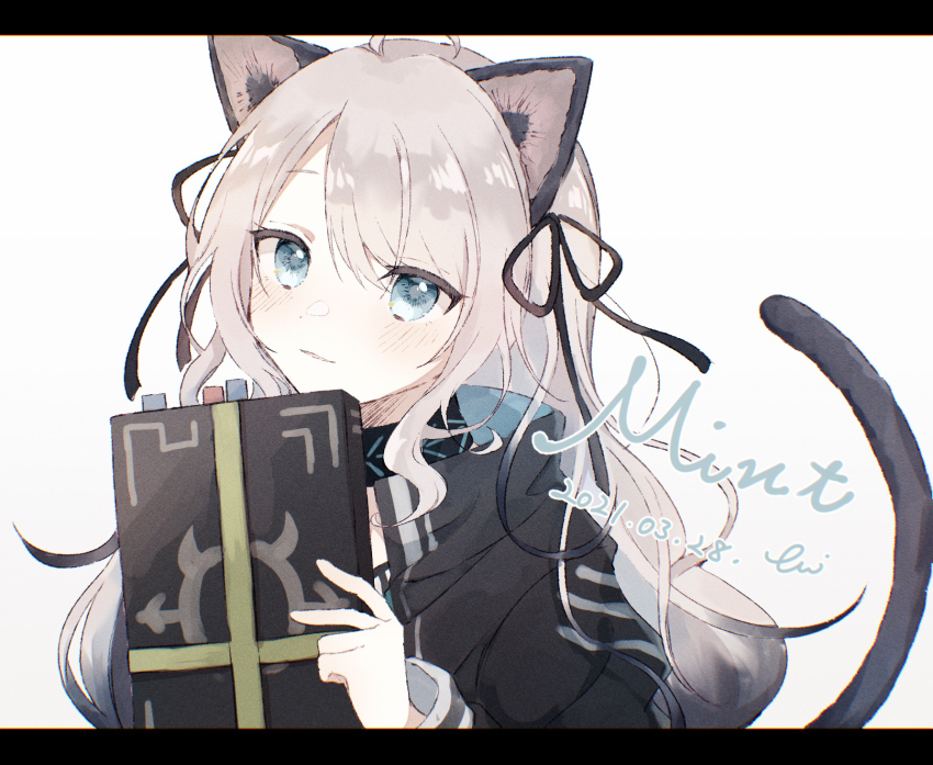 1girl, ahoge, animal_ears, arknights, black_jacket, black_ribbon, blue_eyes, cat_ears