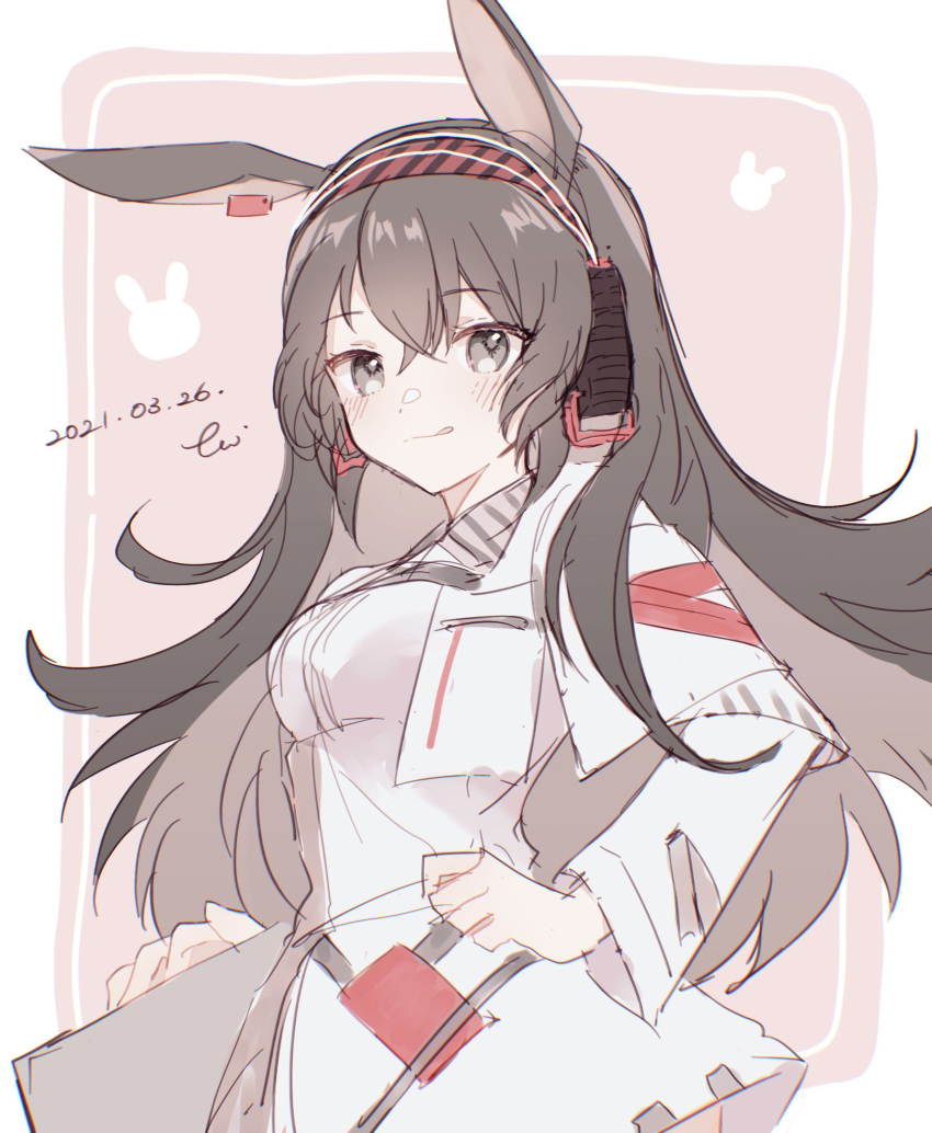 1girl, animal_ears, april_(arknights), arknights, black_hair, blush, breasts, brown_background