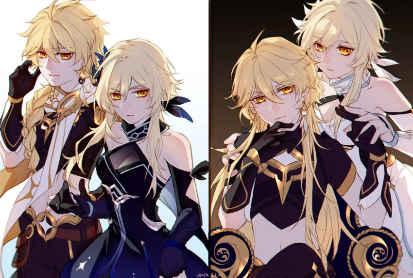 1boy, 1girl, aether_(genshin_impact), alternate_costume, alternate_hairstyle, belt, black_background, black_dress, black_gloves, black_pants, black_shirt, blonde_hair, blue_flower, braid, braided_ponytail, chair, commentary, cowboy_shot, crop_top, dress, earrings, feather_earrings, feathers, fingerless_gloves, flower, genshin_impact, gloves, gold_trim, hair_flower, hair_ornament, hand_up, highres, jewelry, ljayu, long_hair, lumine_(genshin_impact), medium_hair, multiple_views, pants, scarf, shirt, short_hair, short_hair_with_long_locks, sitting, two-tone_background, white_background, white_dress, white_flower, white_gloves, white_scarf