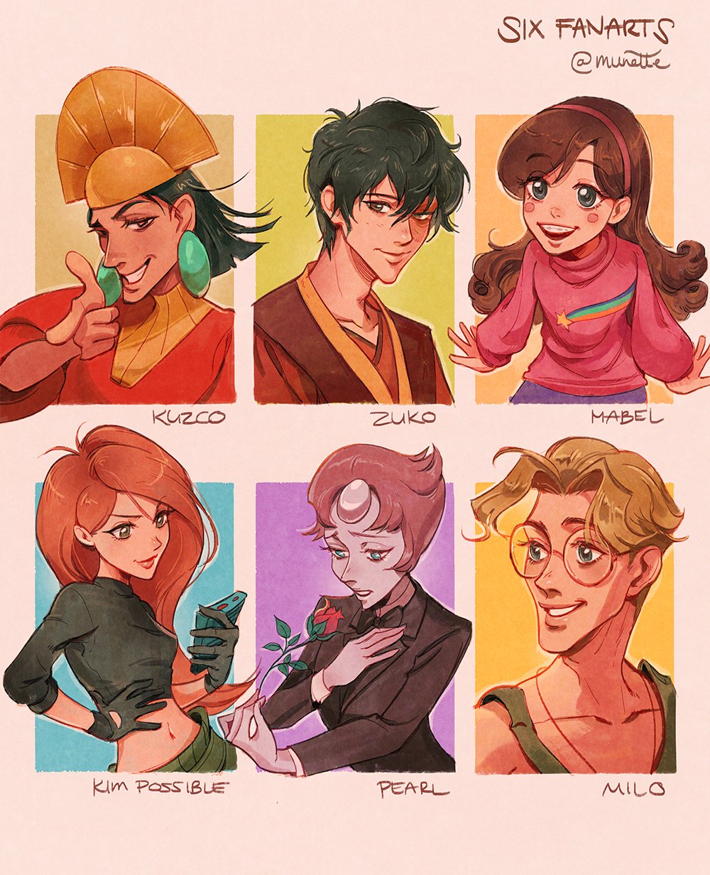 adam's_apple, artist_name, atlantis:_the_lost_empire, avatar:_the_last_airbender, avatar_legends, black_gloves, black_hair, black_jacket, black_neckwear, black_shirt, black_suit, blonde_hair, blue_eyes, braces, brown_eyes, brown_hair, burn_scar, character_name, crop_top, ear_piercing, earrings, english_text, eyebrows, eyelashes, flower, formal_clothes, gem, glasses, gloves, gravity_falls, green_eyes, green_legwear, green_pants, hat, highres, holding, holding_flower, holding_rose, jacket, jewelry, kim_possible_(series), kim_possible, kuzco, long_sleeves, mabel_pines, medium_hair, midriff, midriff_peek, milo_thatch, multiple_drawing_challenge, munette, necktie, pale_skin, pants, pearl_(gemstone), pearl_(steven_universe), piercing, pink_hair, red_flower, red_hair, rose, scar, scar_across_eye, scar_on_face, shirt, short_hair, six_fanarts_challenge, smile, steven_universe, suit, tan, teeth, the_emperor's_new_groove, twitter_username, watermark, zuko