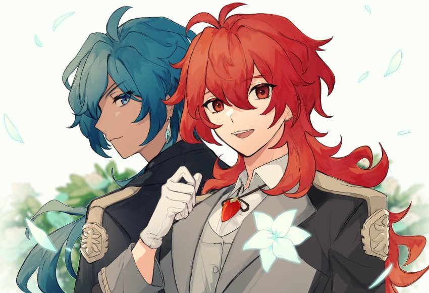 2boys, ahoge, bad_id, bad_twitter_id, black_jacket, blue_eyes, blue_hair, blush, collared_shirt, dark-skinned_male, dark_skin, denbu_(amp_p_p), diluc_(genshin_impact), dress_shirt, ear_piercing, earrings, flower, genshin_impact, gloves, grey_vest, highres, jacket, jewelry, kaeya_(genshin_impact), long_hair, looking_at_viewer, male_focus, multicolored_hair, multiple_boys, open_mouth, petals, piercing, ponytail, red_eyes, red_hair, shirt, smile, streaked_hair, vest, visible_through_hair, white_gloves