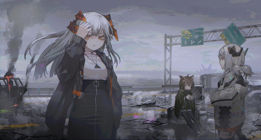 3girls, ahoge, animal_ears, arknights, bird_ears, black_jacket, black_legwear, black_skirt
