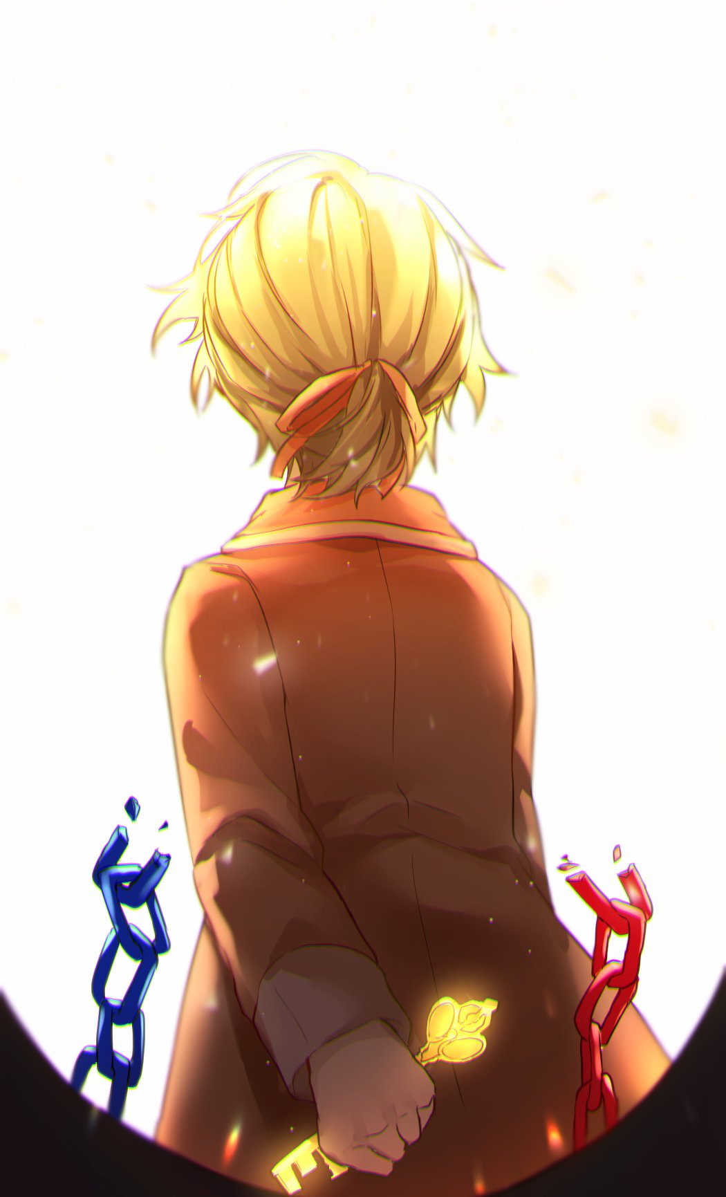 1boy, allen_avadonia, arm_behind_back, aryuma772, back, blonde_hair, bloom, breaking