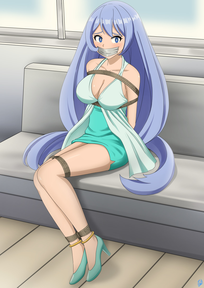 1girl, absurdres, anklet, arms_behind_back, bdsm, blue_eyes, blue_hair, blush, boku_no_hero_academia, bondage, bound, breasts, cleavage, dress, gag, gagged, hado_nejire, high_heels, highres, improvised_gag, jewelry, large_breasts, long_hair, shoes, sitting, solo, tape, tape_gag, vakaosciosa, very_long_hair