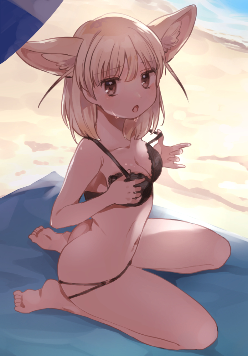 1girl, :o, animal_ear_fluff, animal_ears, bare_shoulders, barefoot, beach, bikini