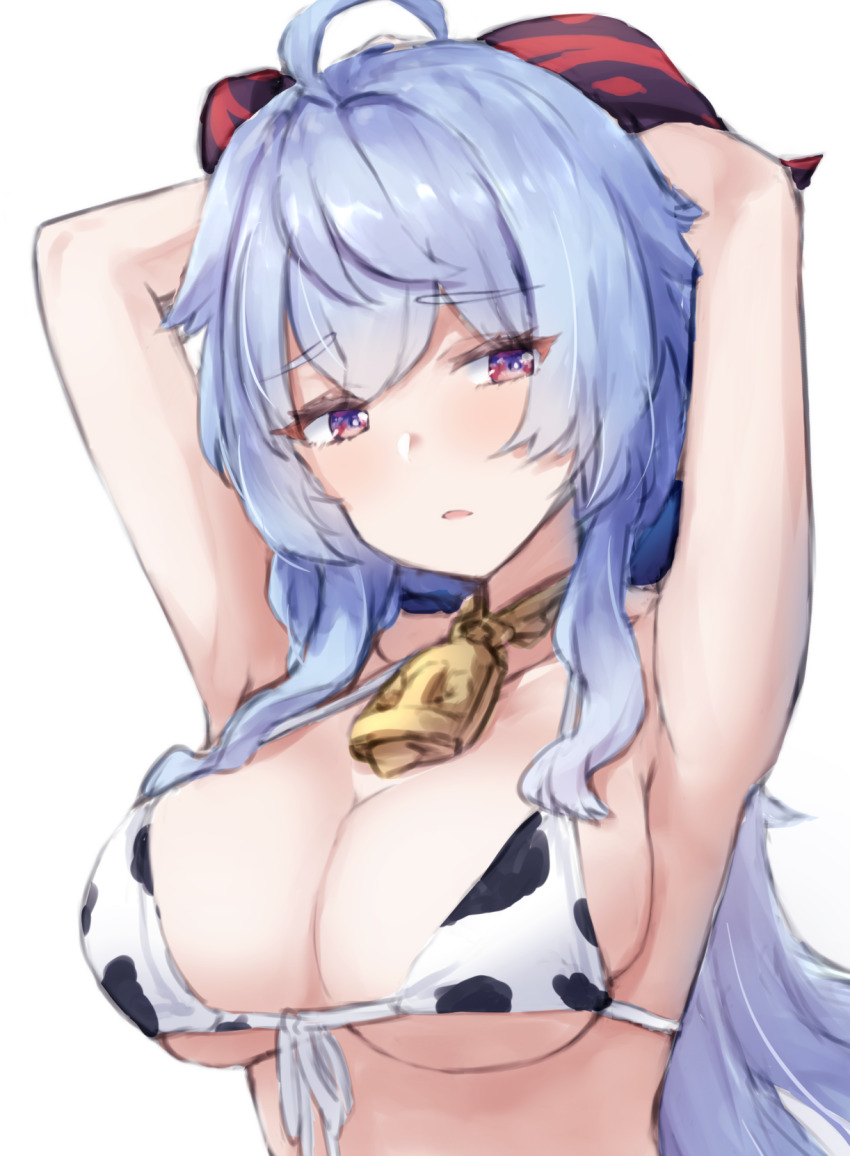 1girl, ahoge, animal_print, armpits, arms_behind_head, arms_up, bell, blue_hair