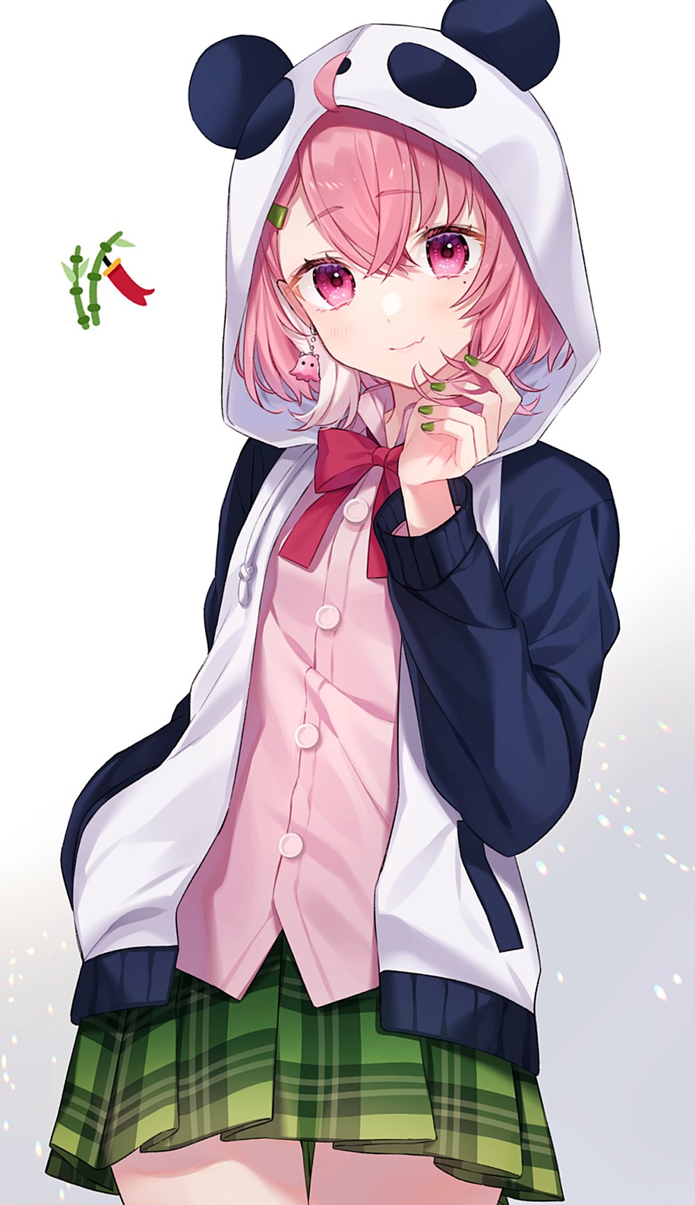 1girl, ahoge, animal_ears, animal_hood, bamboo_shoot, collared_shirt, cowboy_shot, earrings, fang, green_nails, hair_between_eyes, hair_ornament, hairclip, hand_in_pocket, hand_up, highres, hood, hooded_jacket, jacket, jewelry, kannagi_aohi, layered_clothes, long_sleeves, looking_at_viewer, mole, mole_under_eye, nail_polish, neck_ribbon, nijisanji, open_clothes, open_jacket, panda_ears, panda_hood, parted_bangs, pink_hair, pink_shirt, plaid_clothes, plaid_skirt, pleated_skirt, red_ribbon, ribbon, sasaki_saku, sasaki_saku_(1st_costume), shirt, simple_background, skirt, smile, solo, virtual_youtuber, white_background