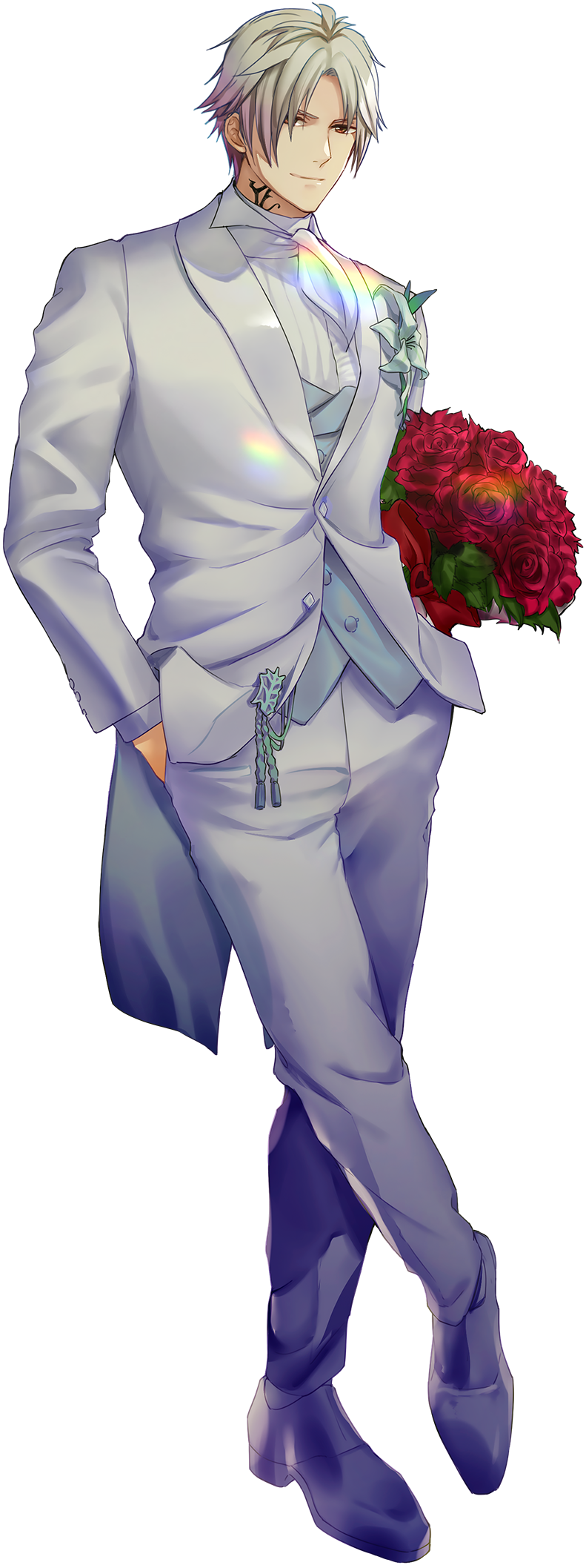 1boy, arms_at_sides, ascot, bouquet, brown_eyes, buttons, closed_mouth, crossed_legs