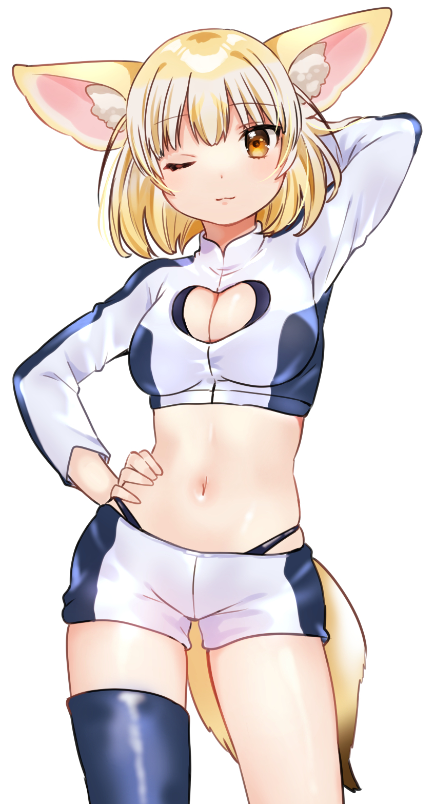 1girl, ;3, alternate_costume, animal_ear_fluff, animal_ears, arm_behind_head, asymmetrical_legwear, blonde_hair